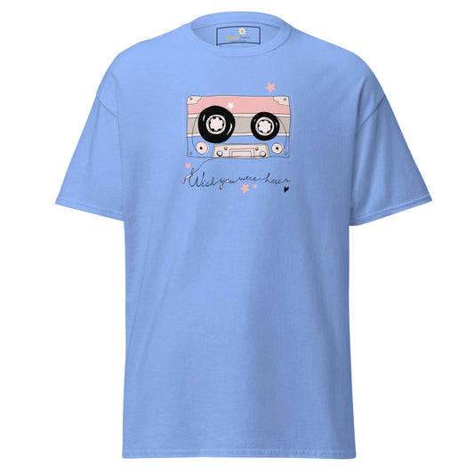 Light blue T-shirt with cassette tape design for men and women in sizes S to XL