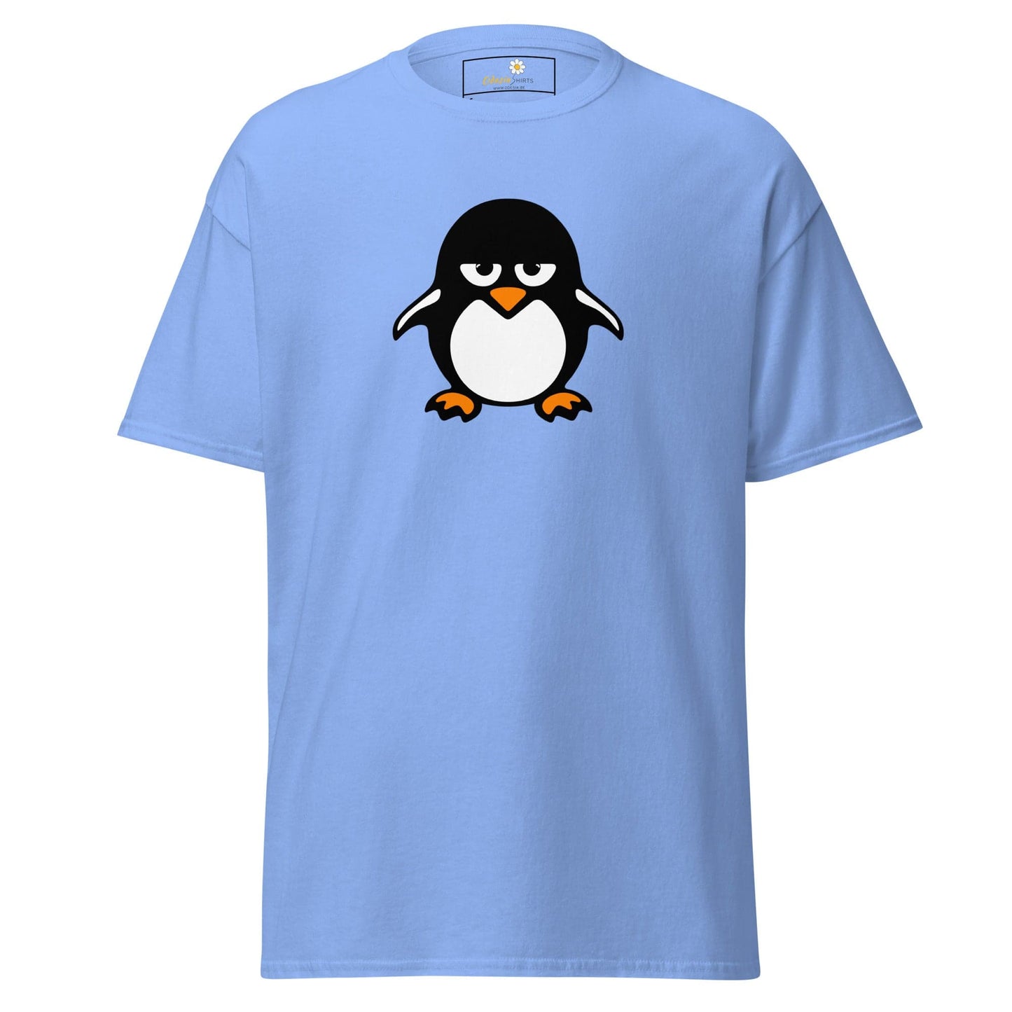 Light blue t-shirt featuring a cartoon penguin design for men and women in sizes S to XL