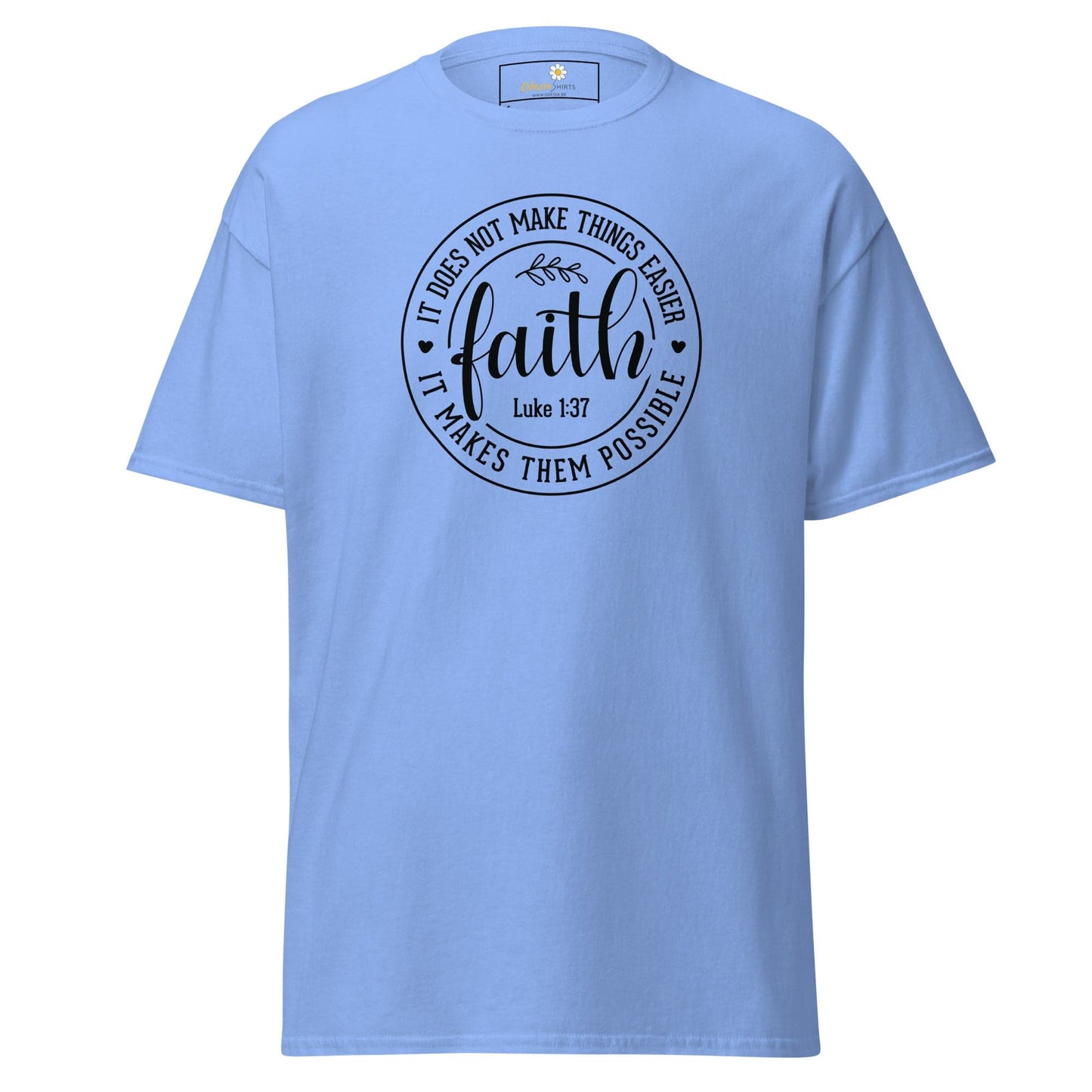 Light blue faith-themed graphic t-shirt for men and women in S-XL size