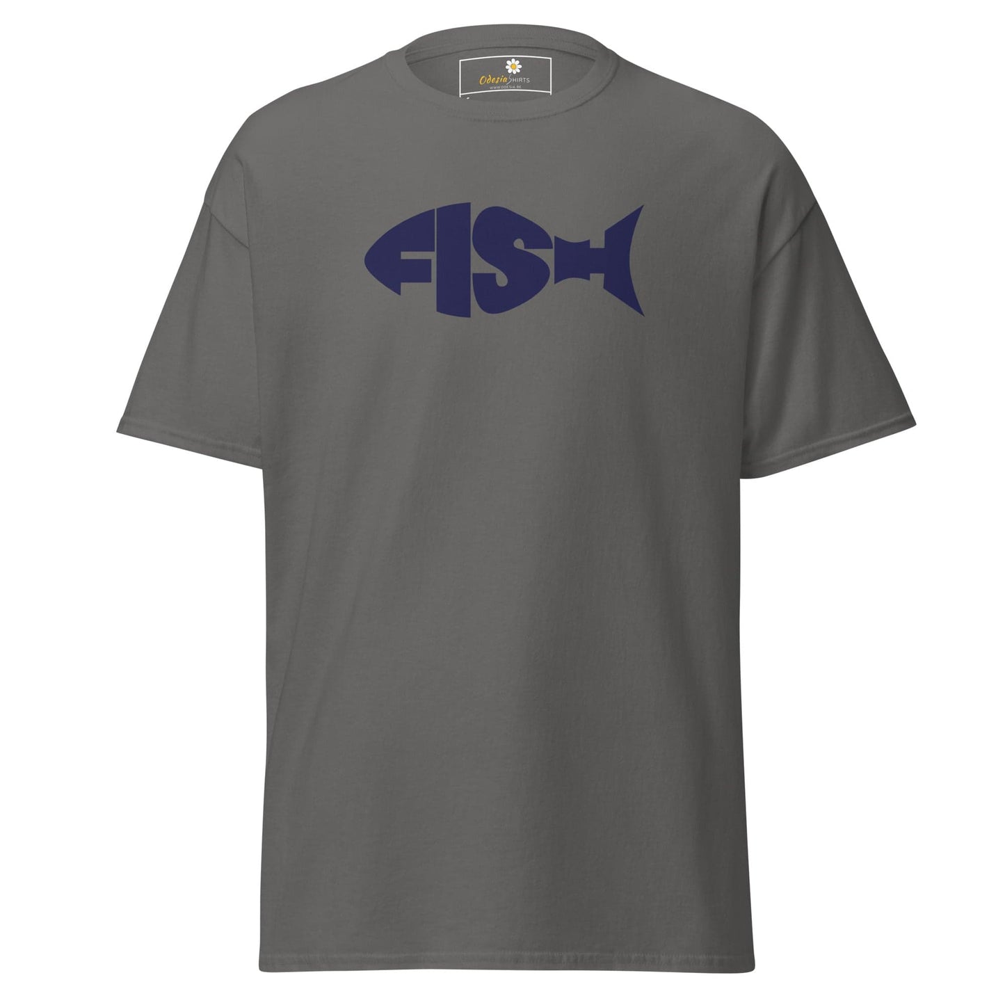 Gray T-shirt featuring a FISH design suitable for men and women in size S to XL