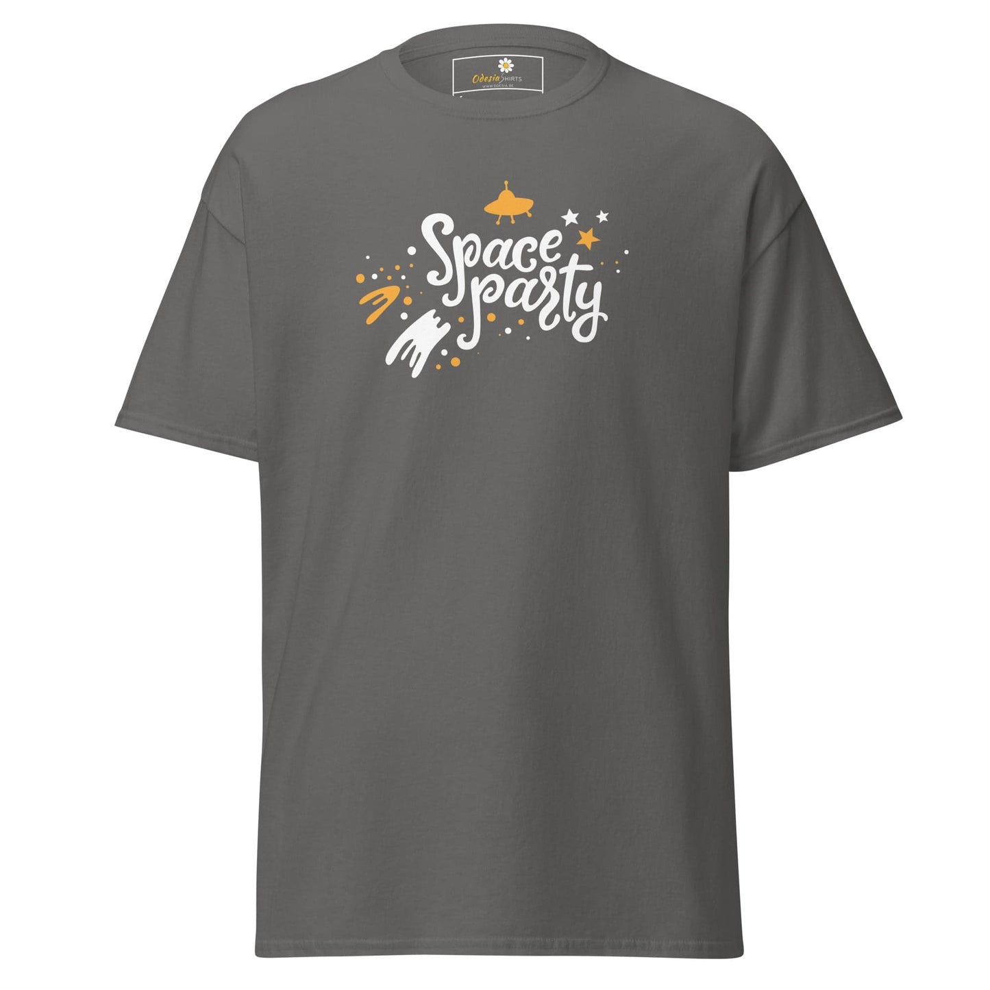 Gray T-shirt featuring a space party design, suitable for men and women sizes S to XL