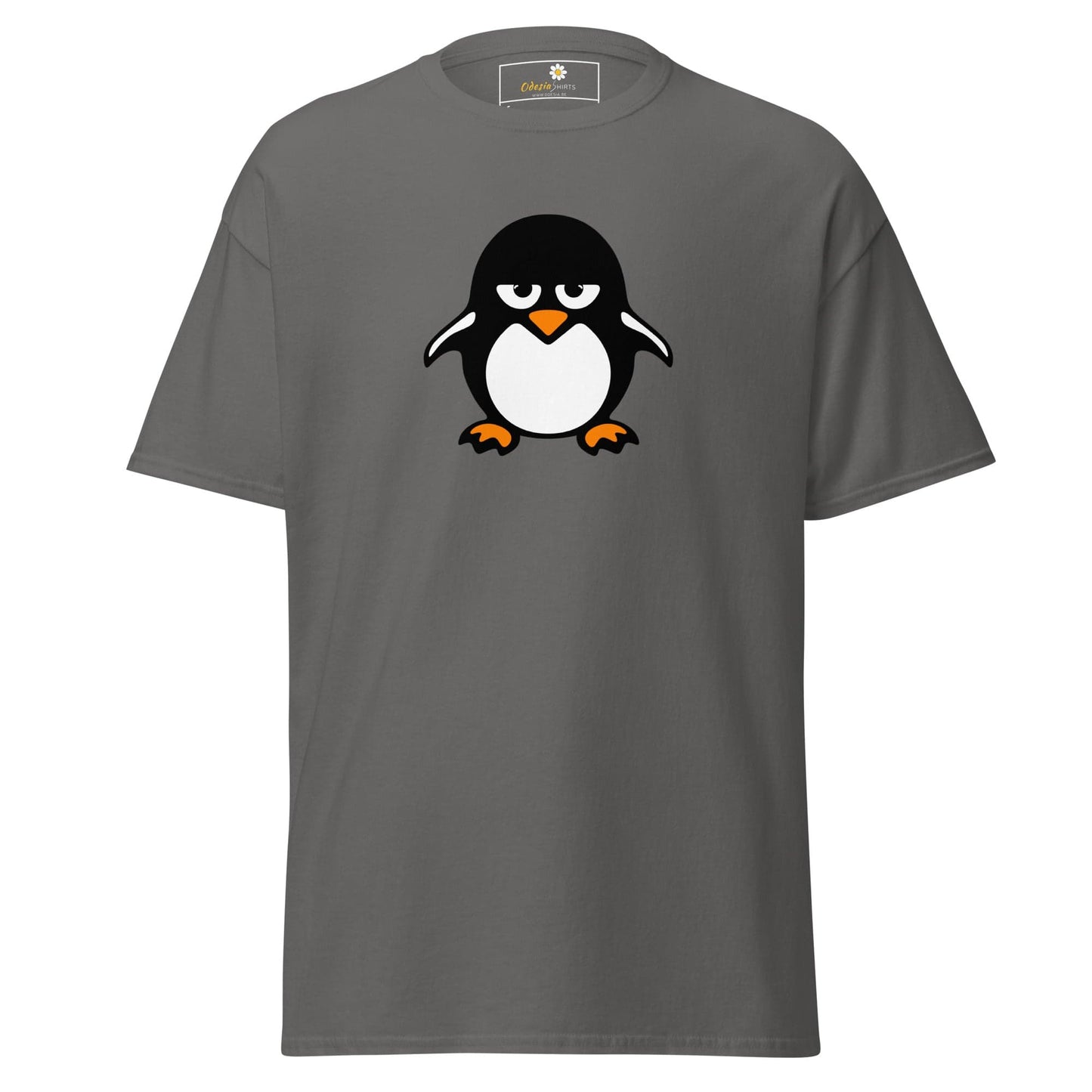 Gray T-shirt with penguin graphic, suitable for men and women sizes S to XL