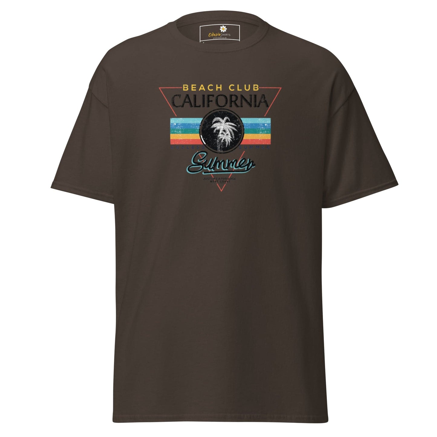 Brown T-shirt with Beach Club California Summer graphic for men and women in sizes S to XL