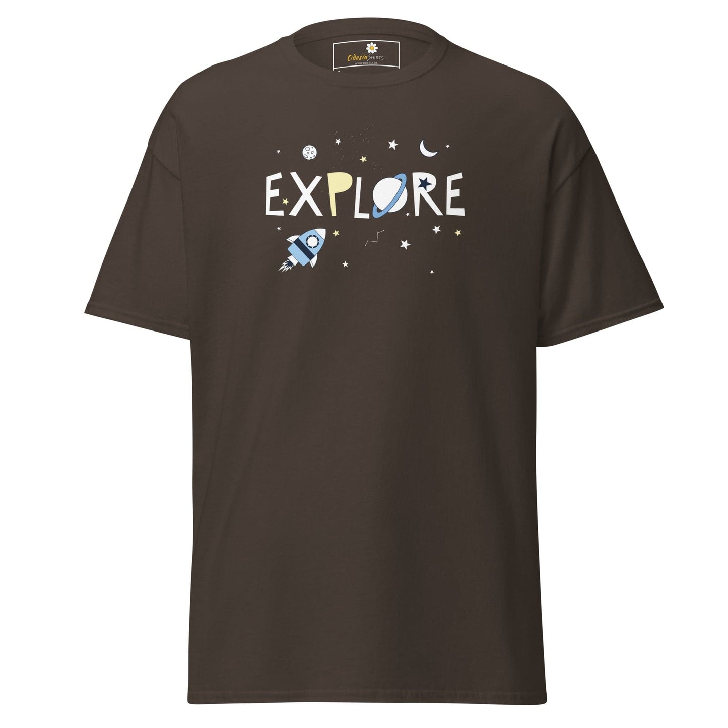 Brown T-shirt with space-themed graphic, suitable for Men and Women, sizes S to XL