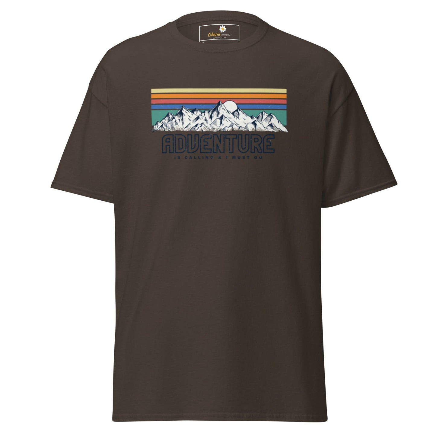 Brown T-shirt with mountain graphic for men and women in S to XL sizes