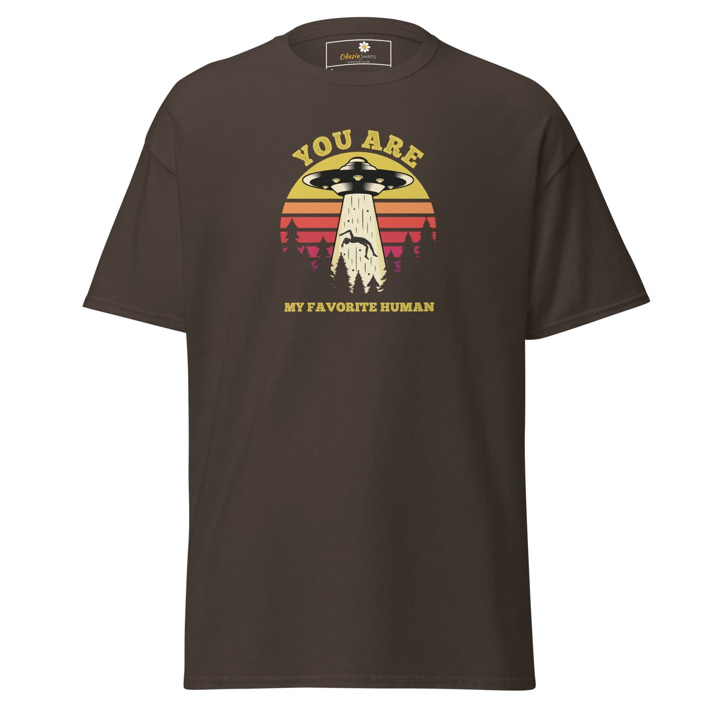 Brown T-shirt with UFO graphic, suitable for men and women in sizes S to XL