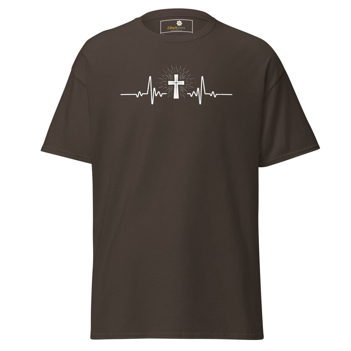 Brown T-shirt with cross heartbeat graphic, available in S to XL size for men and women