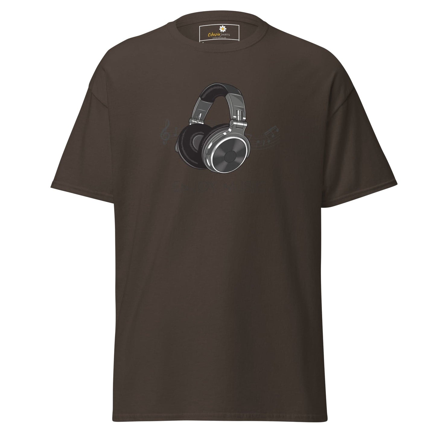 Brown t-shirt featuring headphone graphic, suitable for men and women sizes S to XL