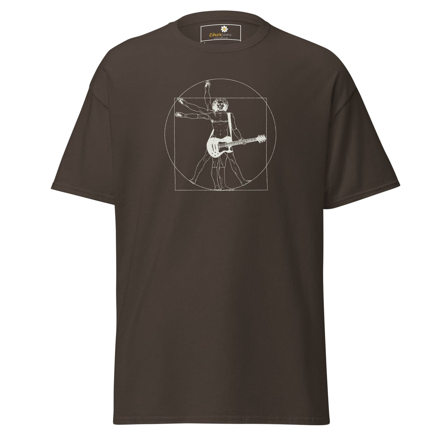 Brown T-shirt with Vitruvian Man guitarist graphic for both men and women sizes S to XL