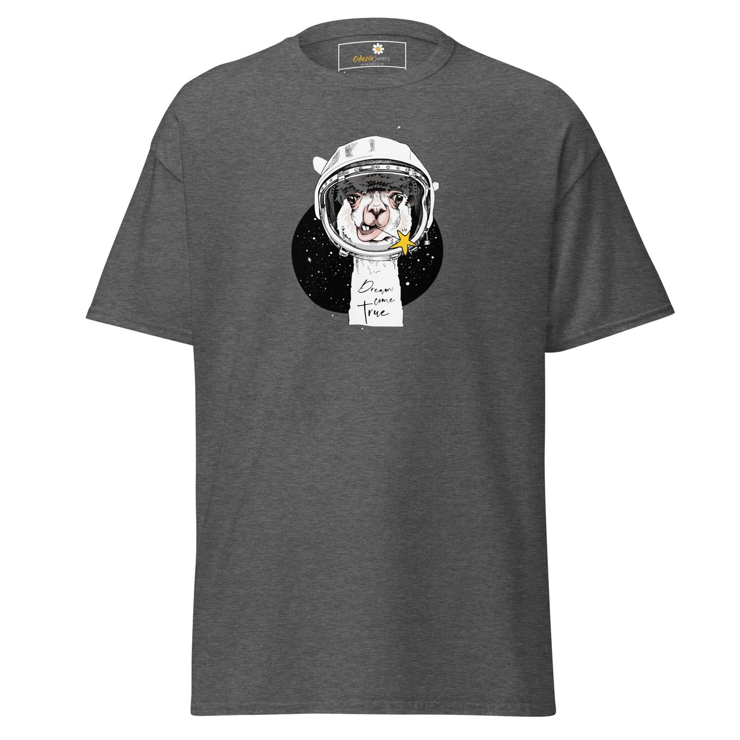 Gray T-shirt featuring an astronaut llama graphic for men and women sizes S to XL
