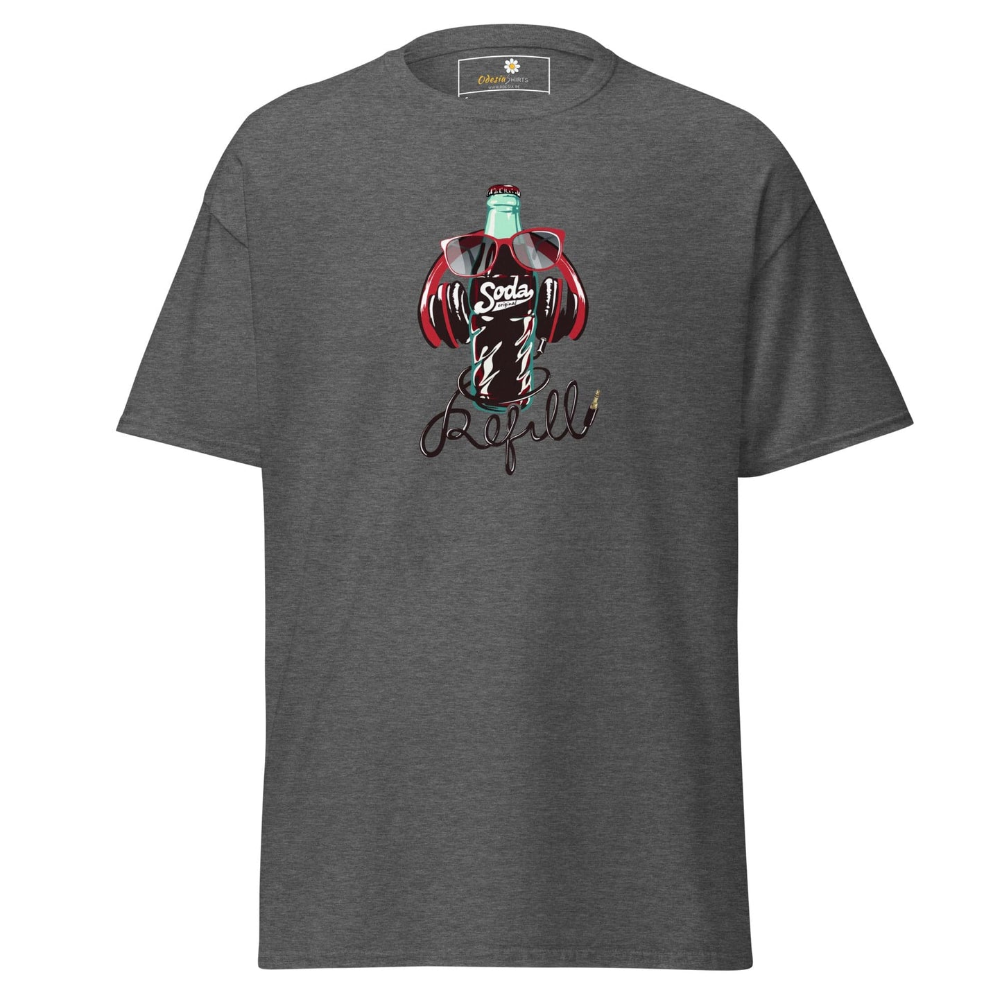 Gray T-shirt featuring soda bottle graphic, available in men’s and women’s sizes S to XL