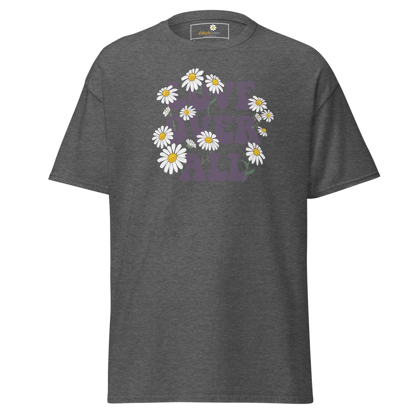 Gray T-shirt featuring a daisy design, suitable for men and women in sizes S to XL