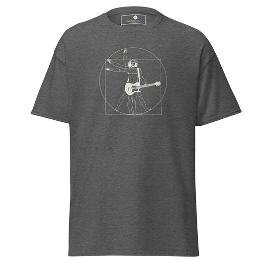 Gray T-shirt featuring a Vitruvian Man guitarist design for Men and Women