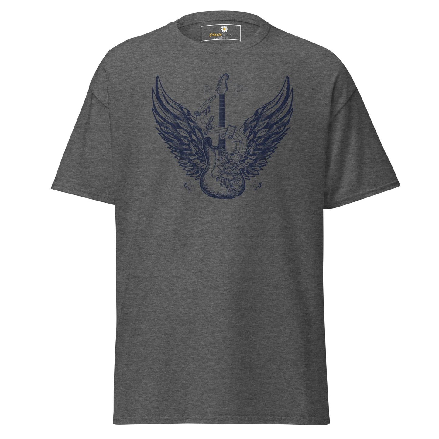 Gray T-shirt with guitar and wings graphic, suitable for men and women sizes S to XL