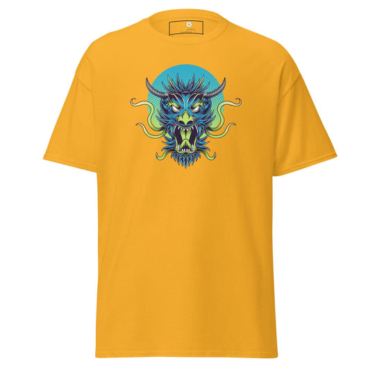 Yellow t-shirt with a dragon graphic for men and women in sizes S to XL