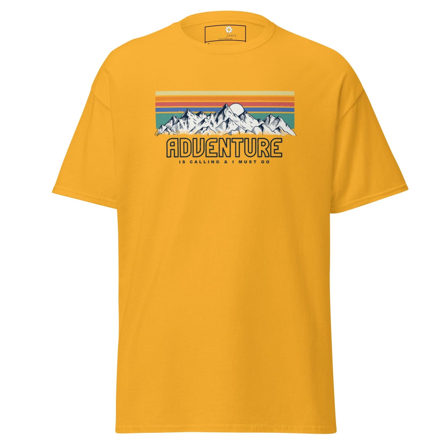 Yellow T-shirt with mountain graphic for men and women, available in sizes S to XL
