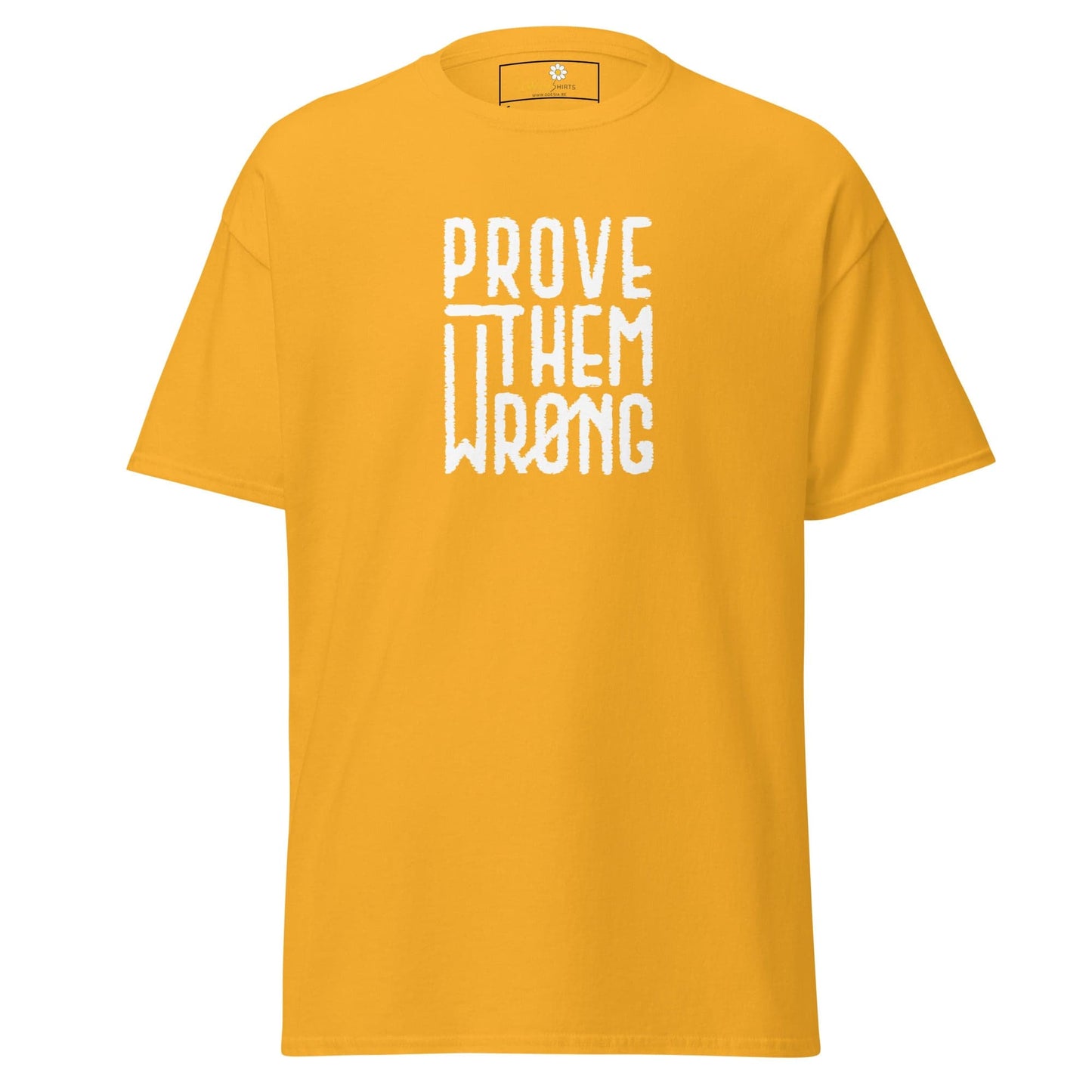 Yellow T-shirt with white text from T-Shirt Design Tee for Men and Women size S to XL