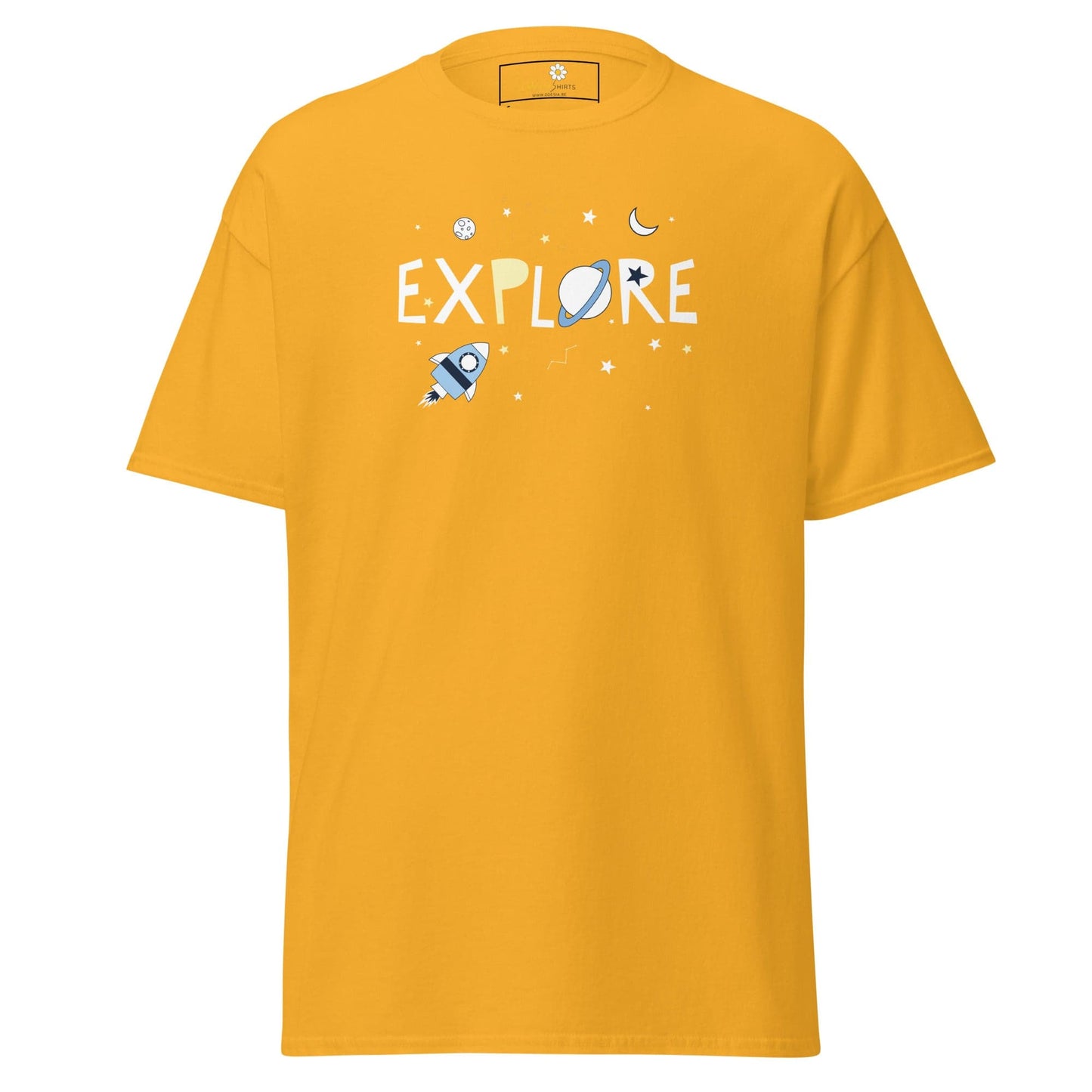 Yellow T-shirt with space-themed graphic for men and women available in sizes S to XL