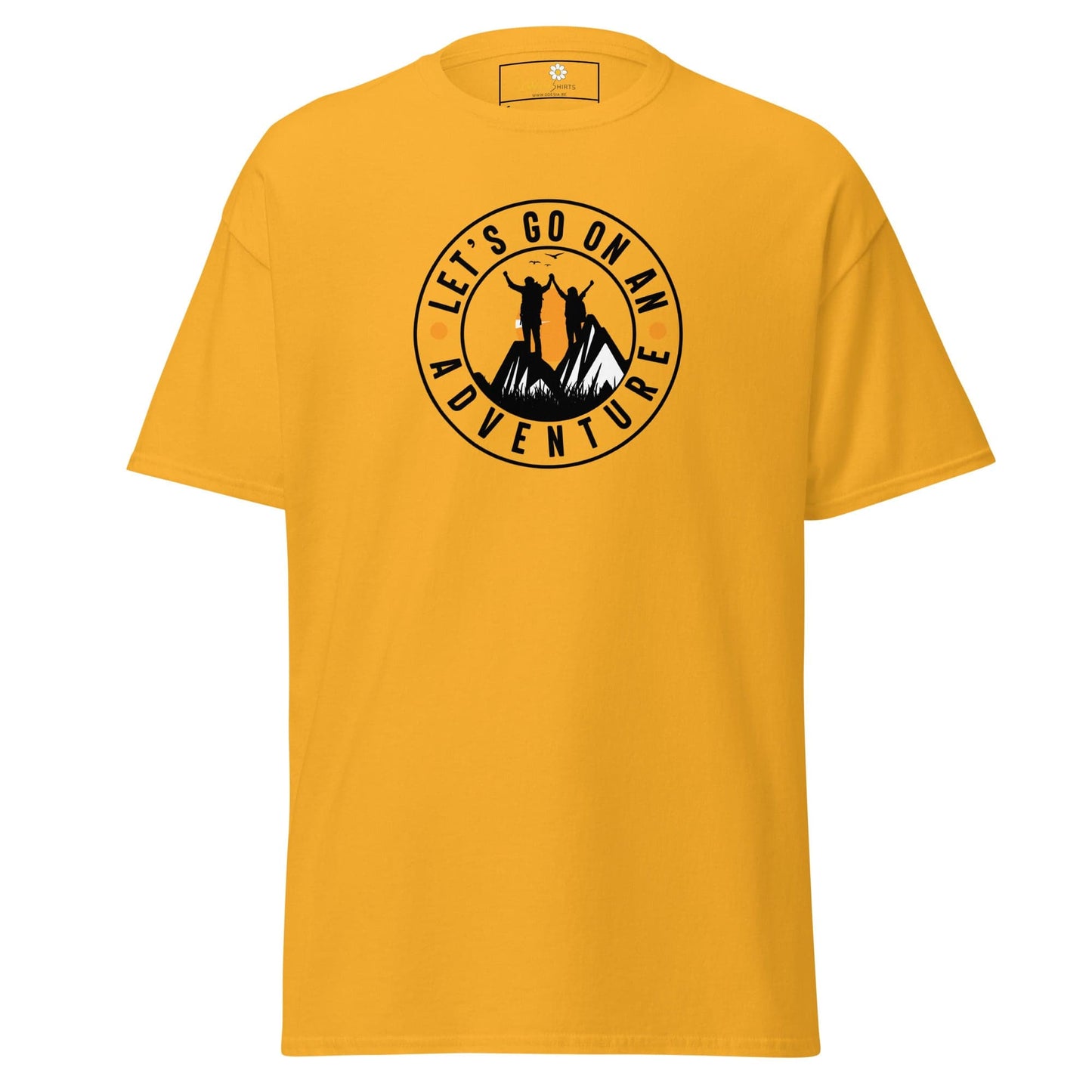 Yellow T-shirt featuring an adventurous graphic for men and women available in S to XL sizes