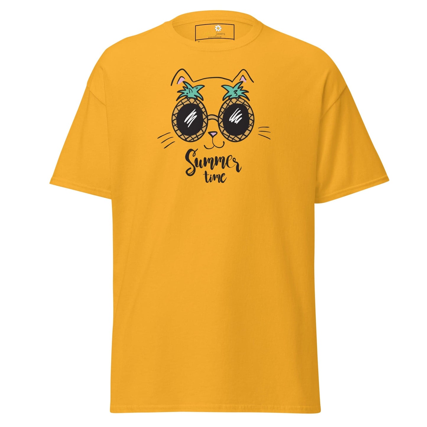 Yellow T-Shirt with Cat Wearing Pineapple Sunglasses for Men and Women in Sizes S to XL