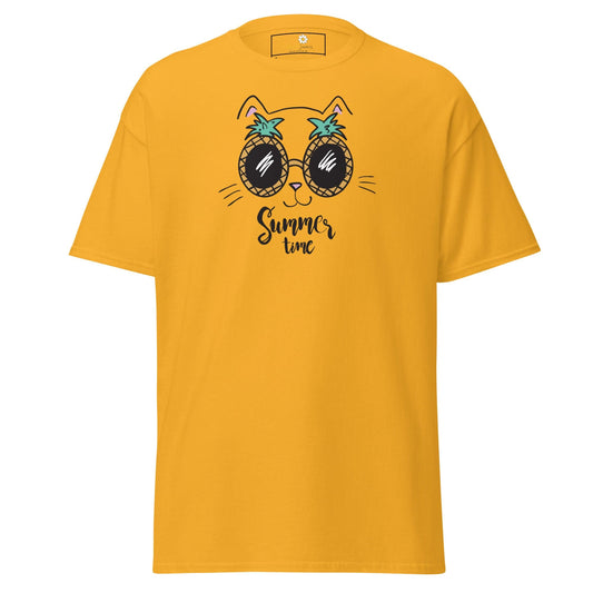 Yellow T-Shirt with Cat Wearing Pineapple Sunglasses for Men and Women in Sizes S to XL