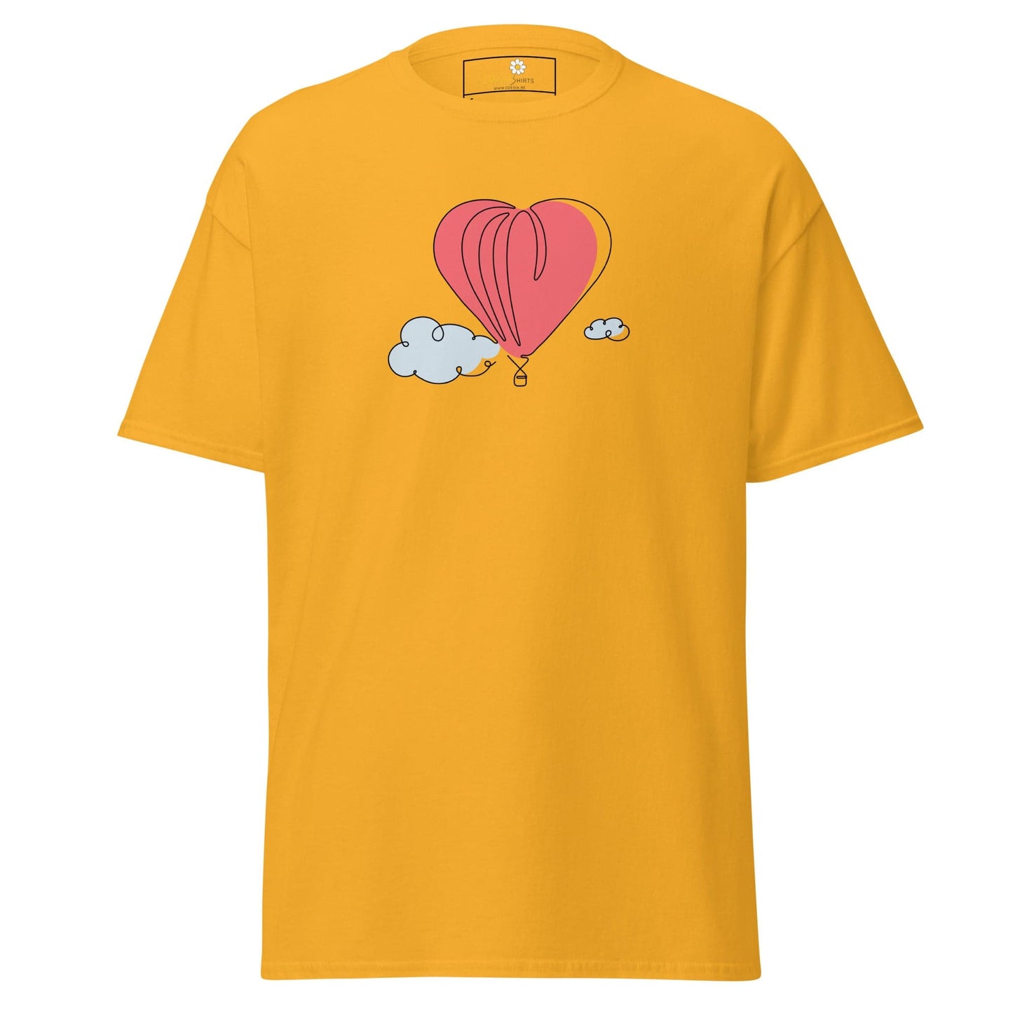 Mustard-colored t-shirt with heart-shaped balloon graphic for Men and Women sizing S to XL