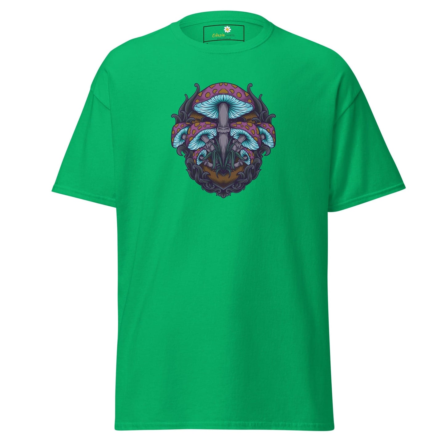 Green T-shirt with mushroom design for men and women size S to XL