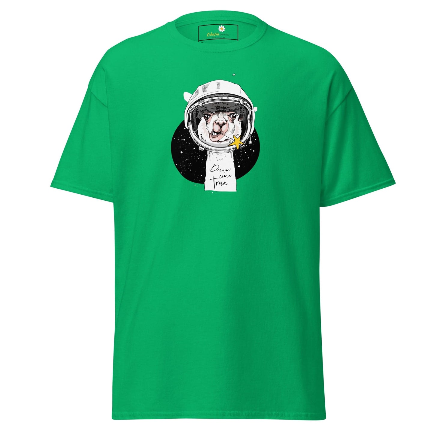 Green T-shirt with astronaut llama graphic from T-SHIRT DESIGN TEE for men and women