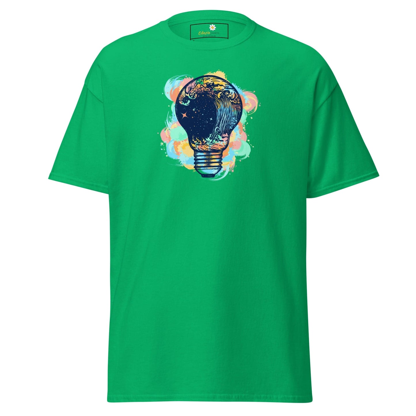 Green T-shirt with lightbulb design for men and women in sizes S to XL
