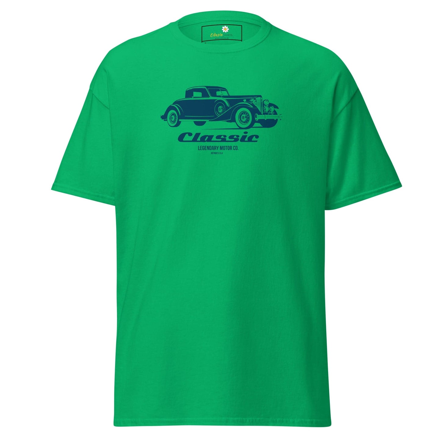 Green T-shirt with classic car design for men and women in sizes S to XL