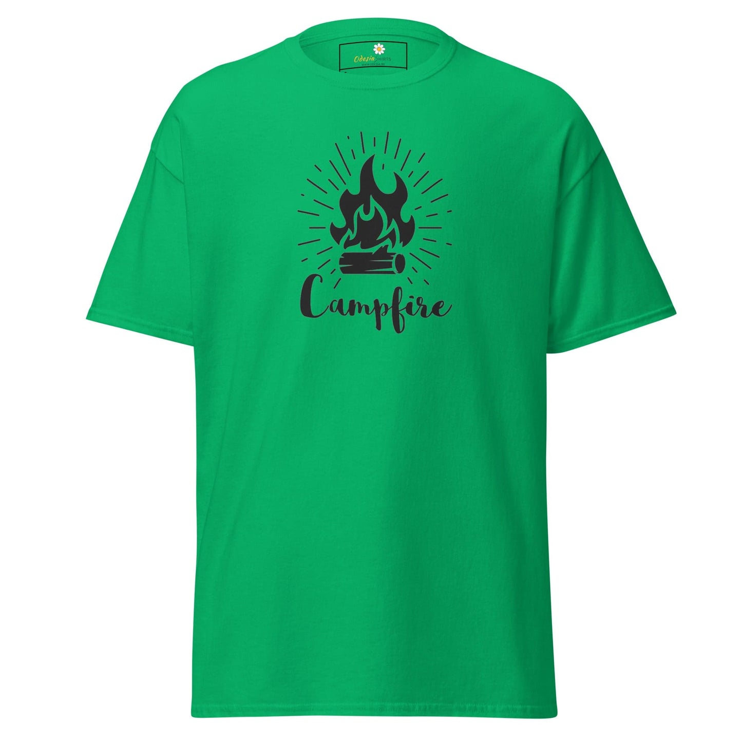 Green T-shirt with campfire graphic from T-SHIRT DESIGN TEE for Man and Woman sizes S to XL