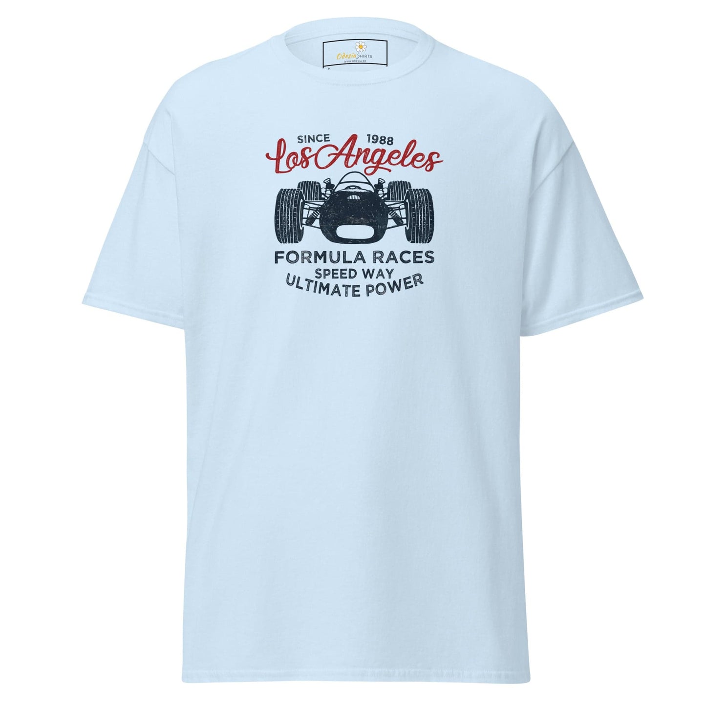 Light blue T-shirt with car graphic for men and women in S-XL size