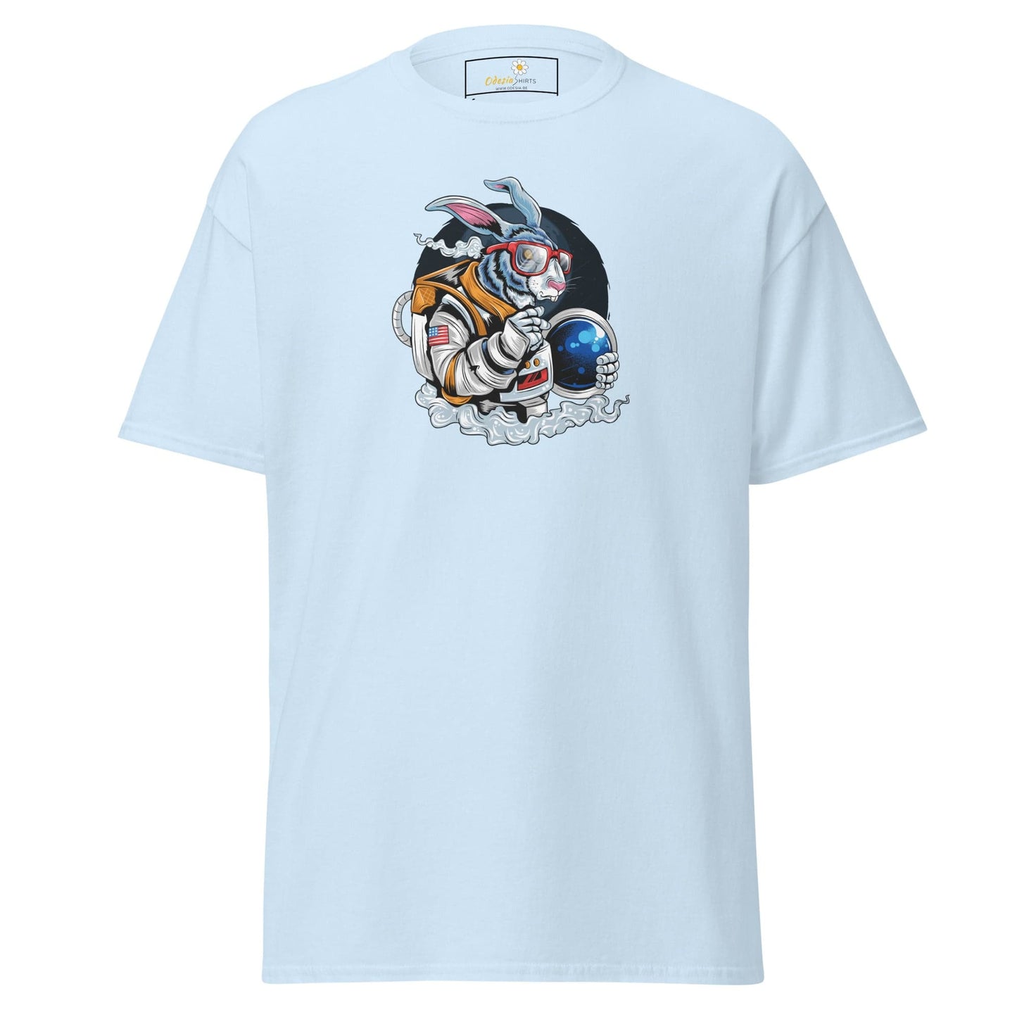 Light blue T-shirt featuring an astronaut rabbit graphic for men and women sizes S to XL