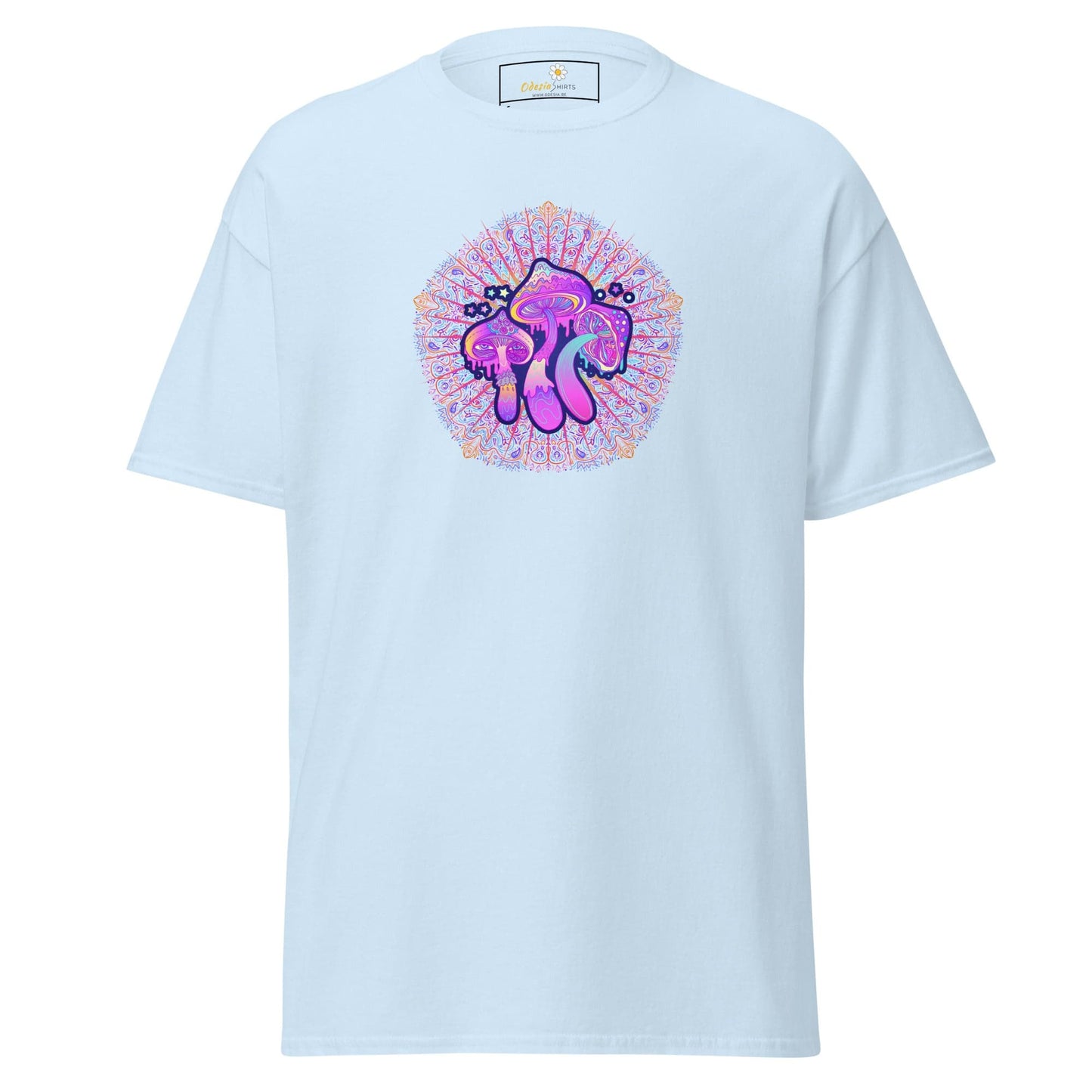 Light blue T-shirt featuring a mushroom design for men and women in sizes S to XL