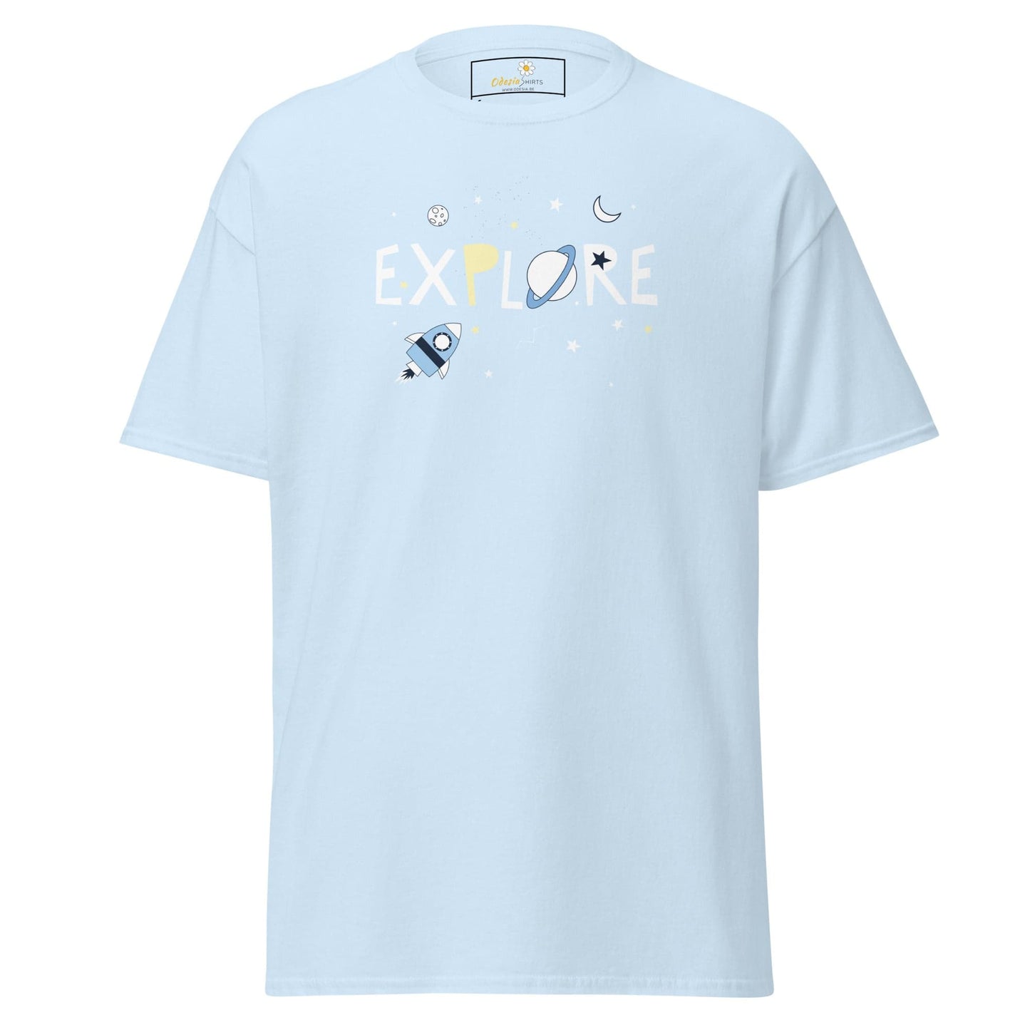 Light blue T-shirt featuring a space-themed design for men and women in sizes S to XL
