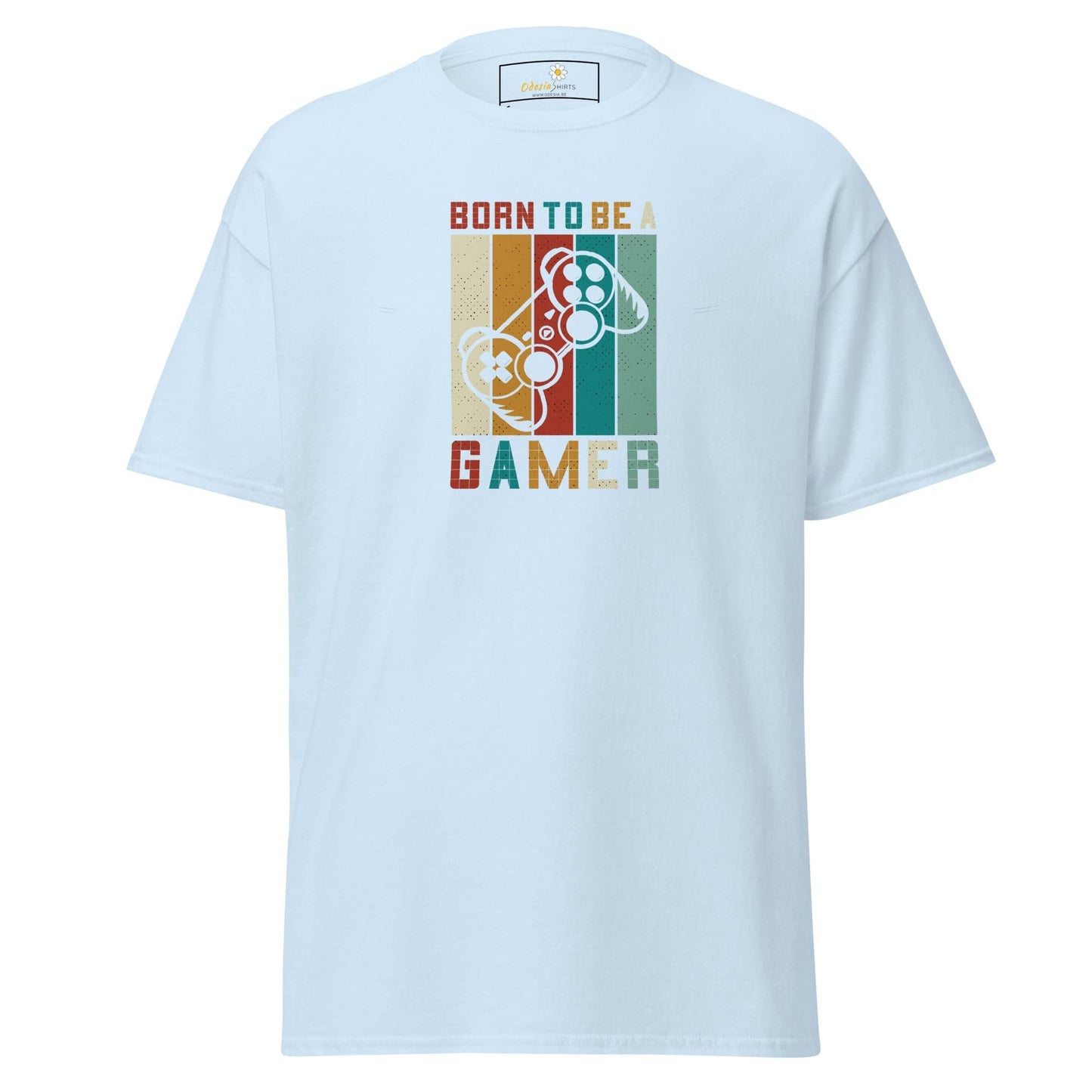 Light blue T-shirt with retro gaming design available in S to XL sizes for men and women