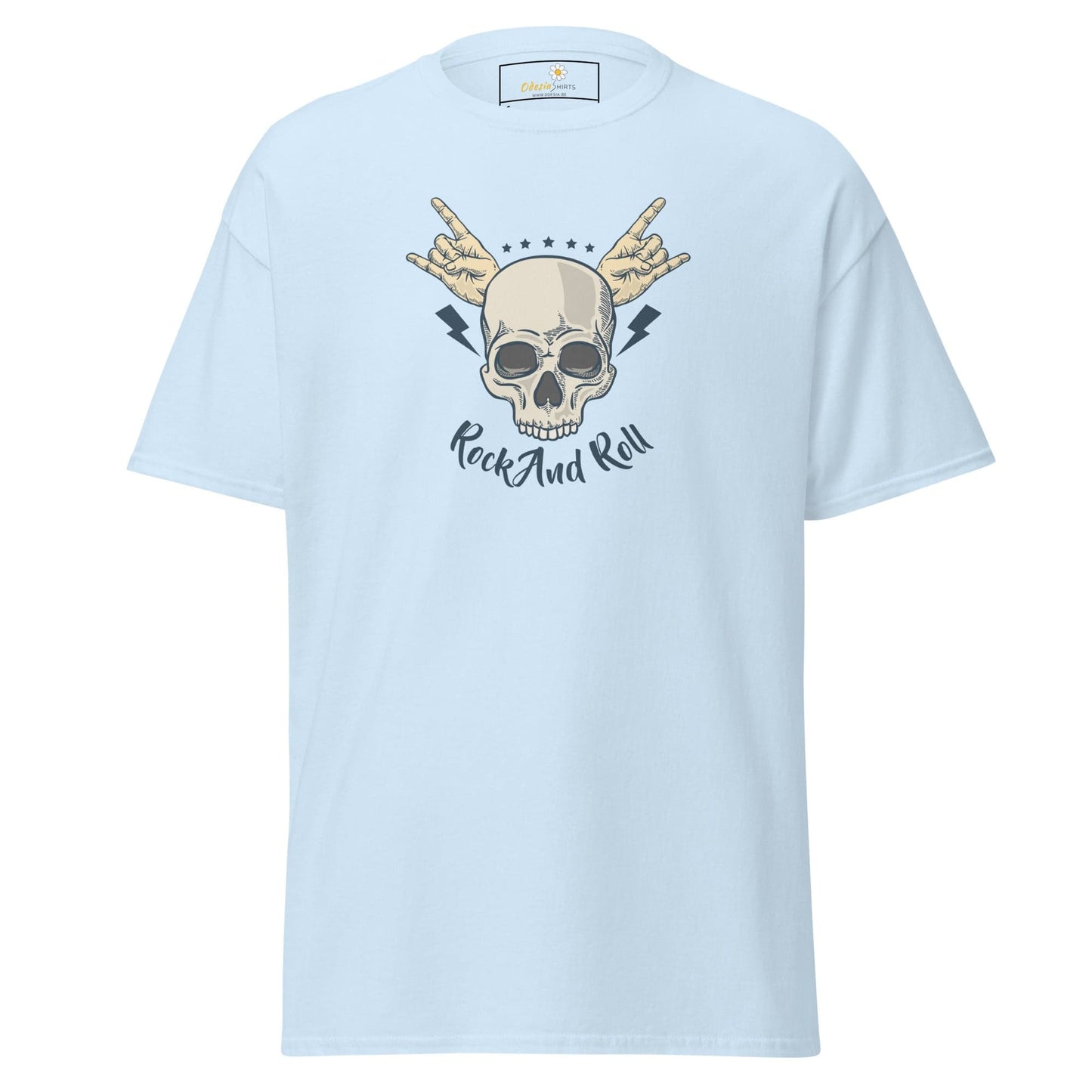 Light blue T-shirt featuring a rock and roll skull graphic for men and women sizes S to XL