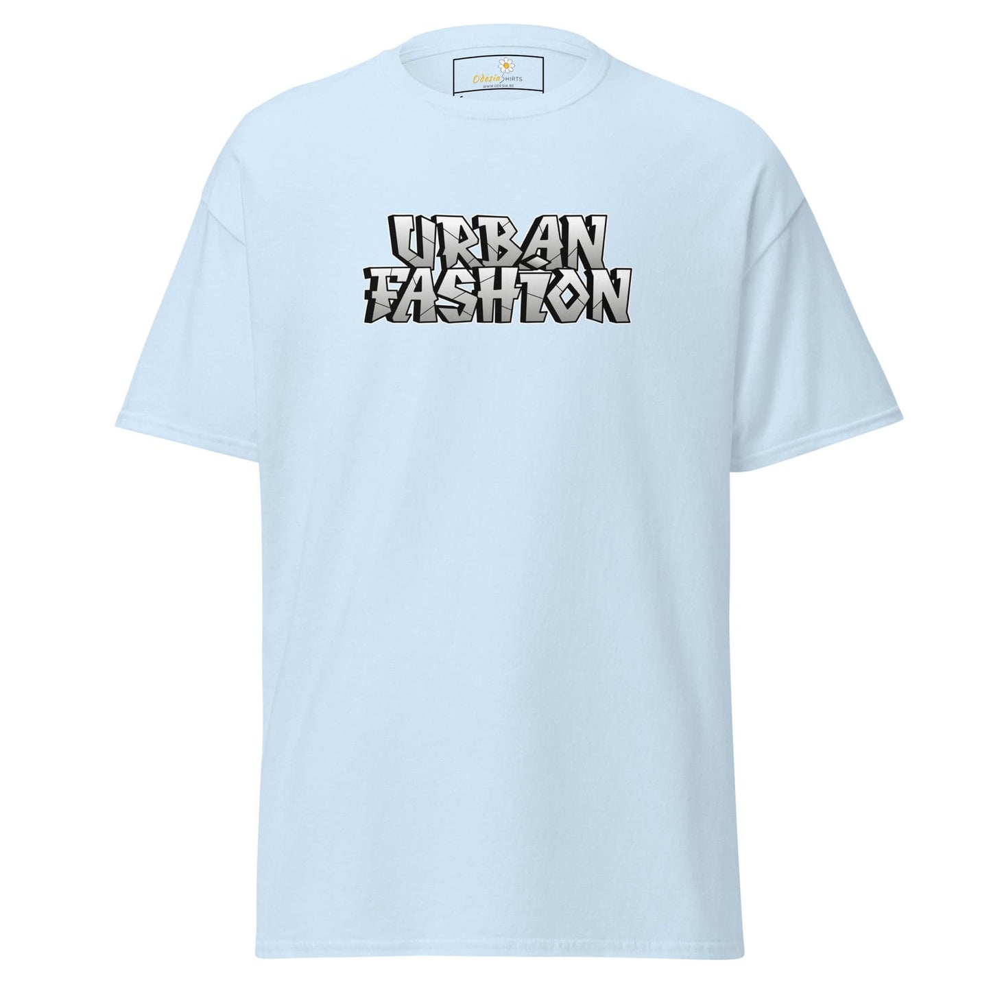 Light blue T-shirt with Urban Fashion text, available in S to XL for men and women