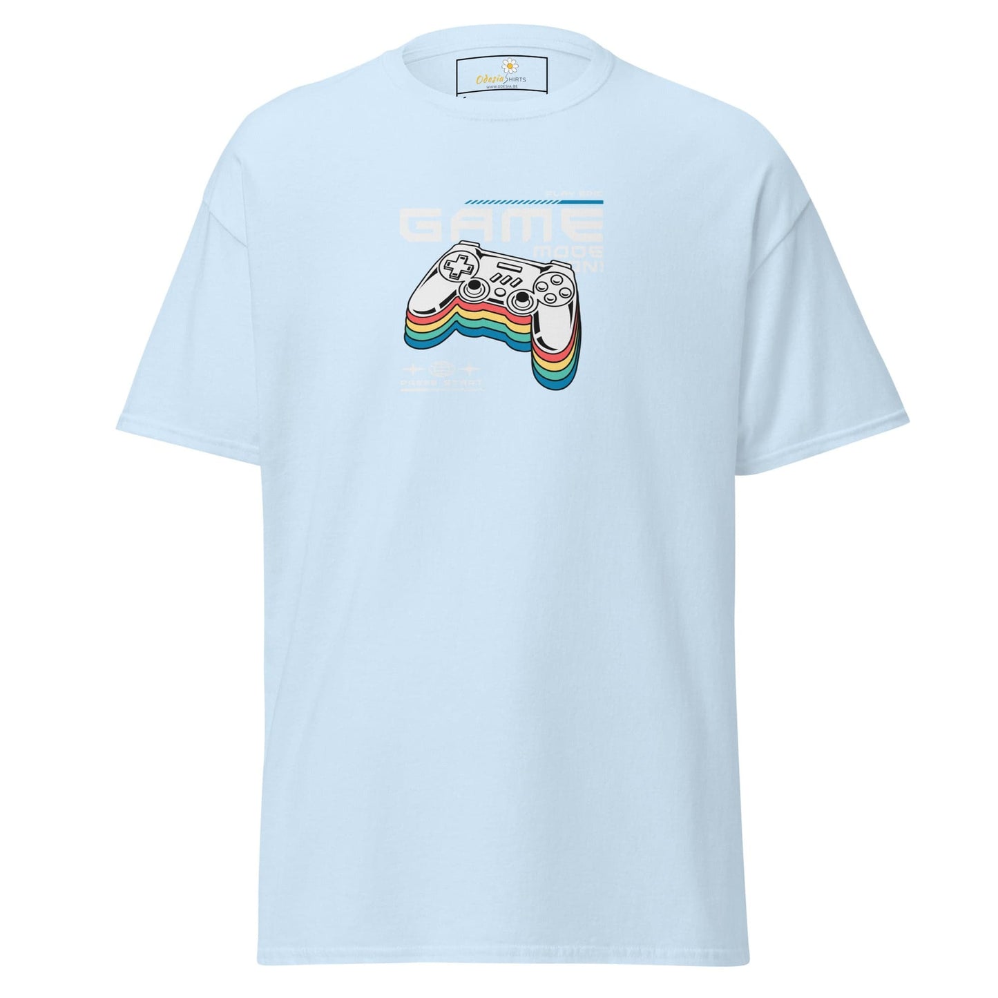 Light blue T-shirt with retro gaming controller design for men and women in sizes S to XL