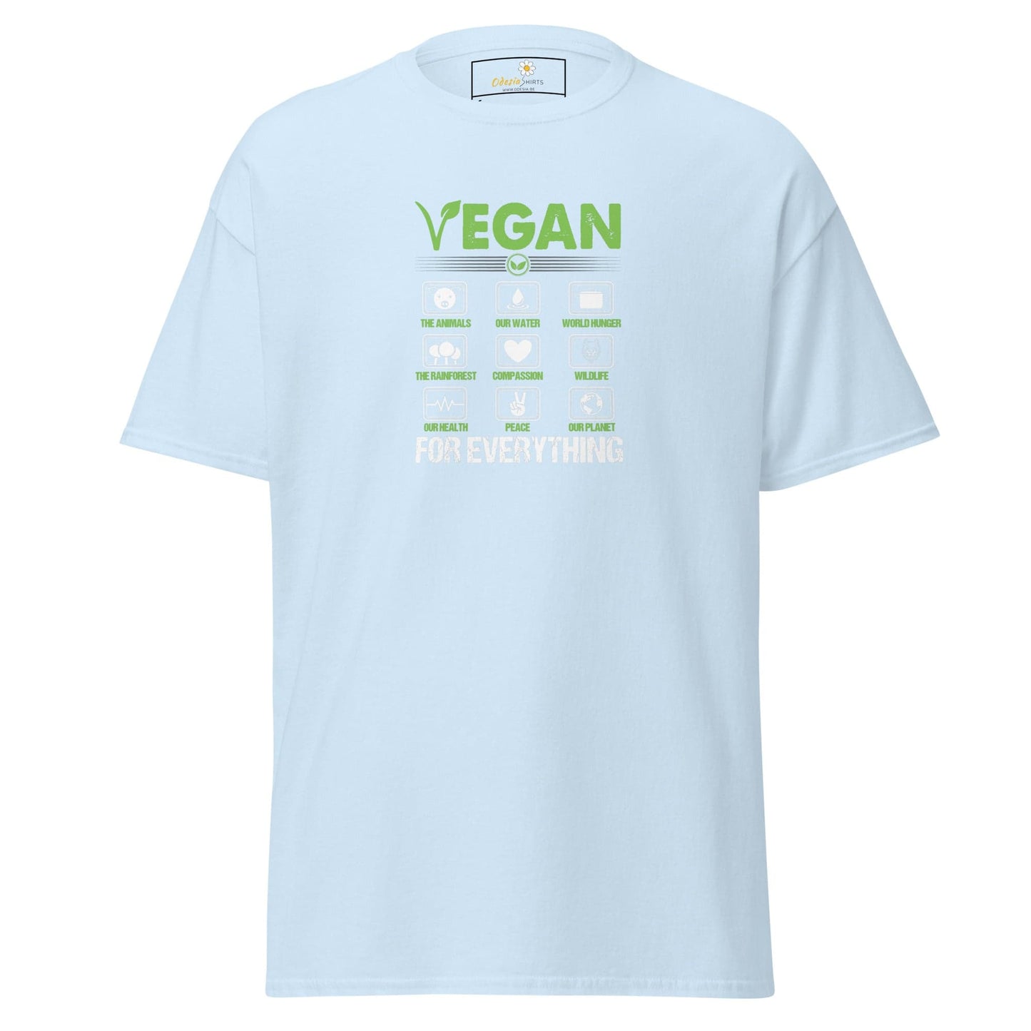 Light blue vegan-themed T-shirt displayed in T-SHIRT DESIGN TEE for men and women S-XL