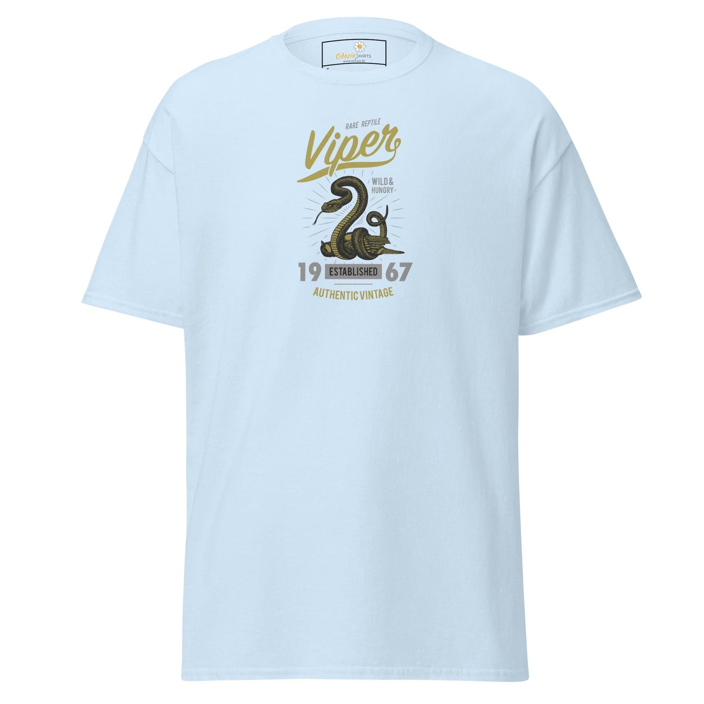 Light blue T-shirt featuring a snake graphic, suitable for Men and Women, sizes S to XL