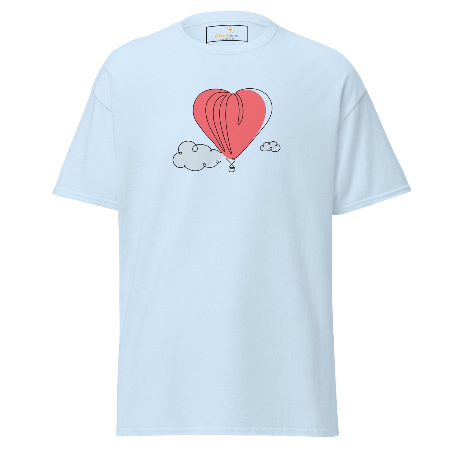 Light blue T-shirt with heart-shaped balloon graphic for men and women in sizes S to XL