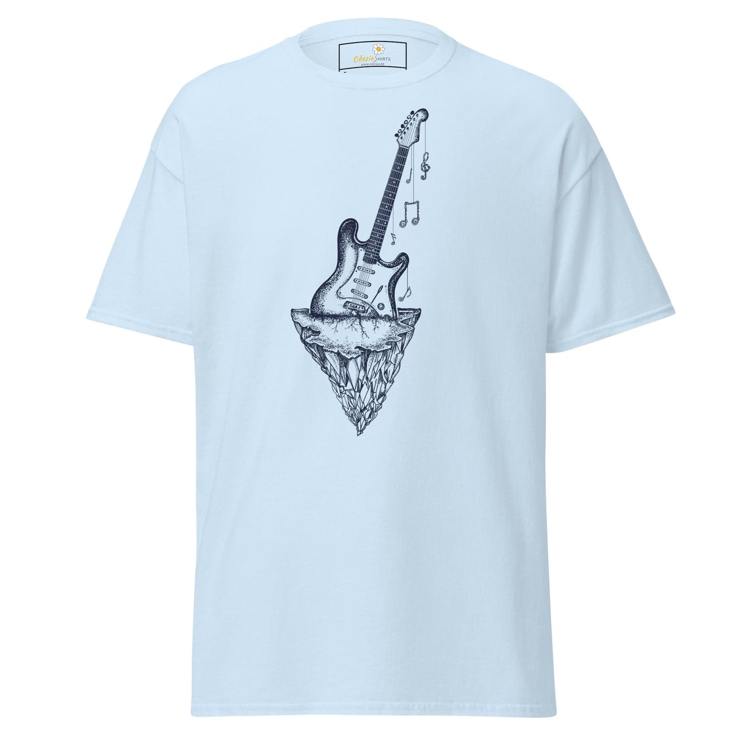 Light blue T-shirt with guitar graphic for Men and Women in sizes S to XL