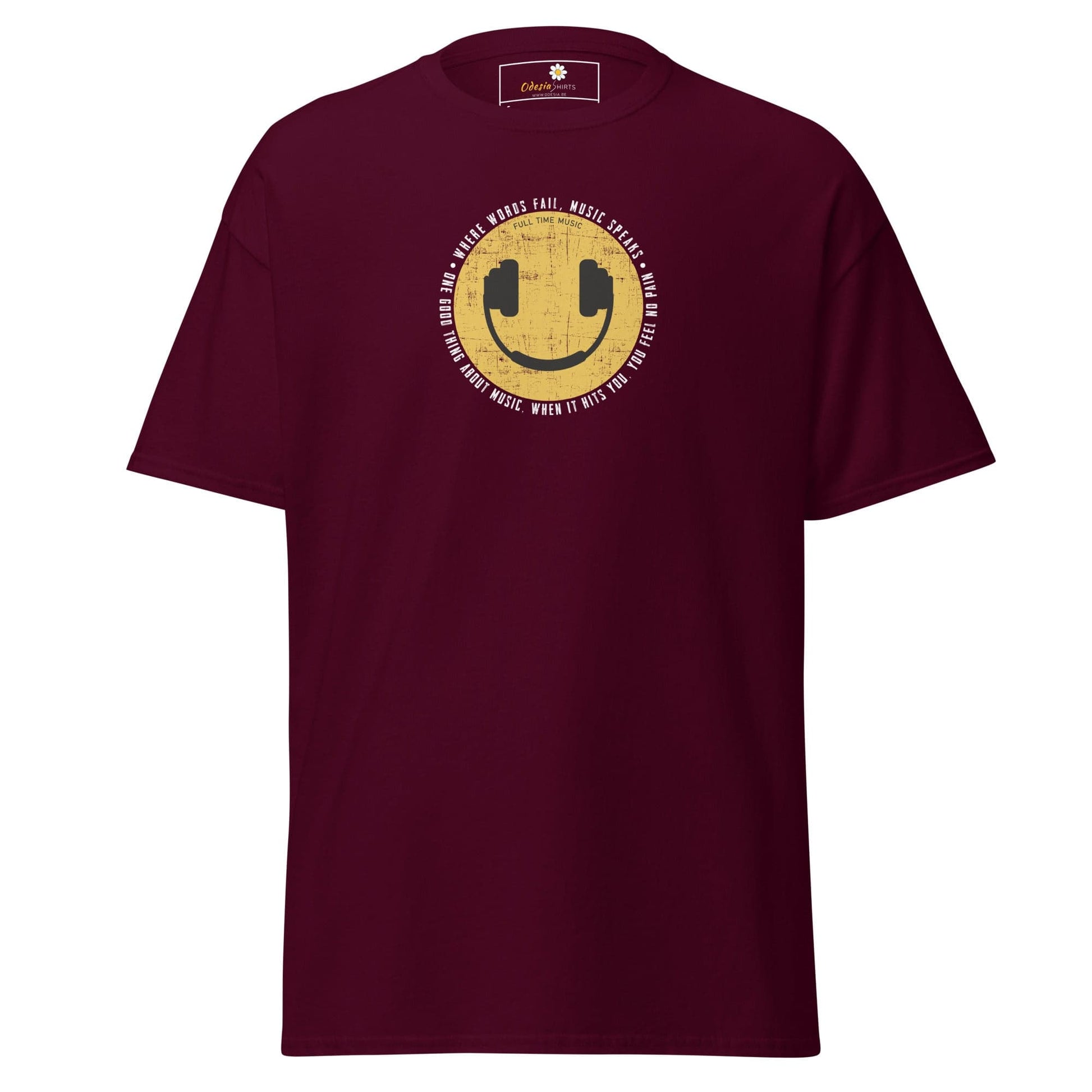 Maroon T-shirt with smiley face graphic for Men and Women in sizes S to XL
