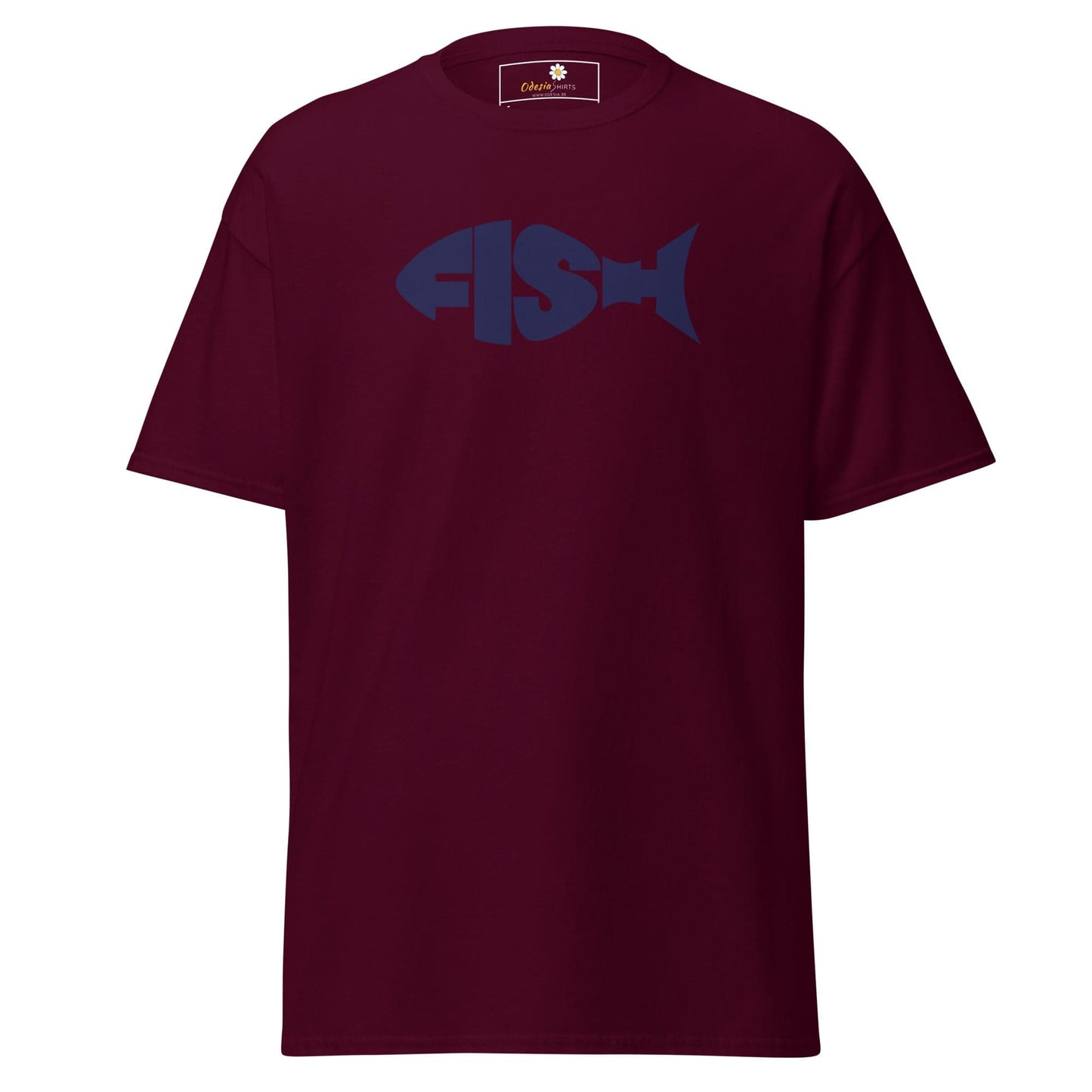 Maroon T-shirt with FISH text forming a fish shape for Men and Women, size S to XL