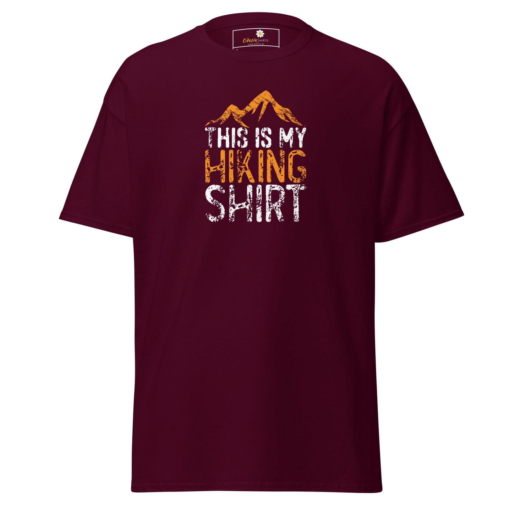 Maroon T-shirt with hiking graphic for Men and Women available in sizes S to XL