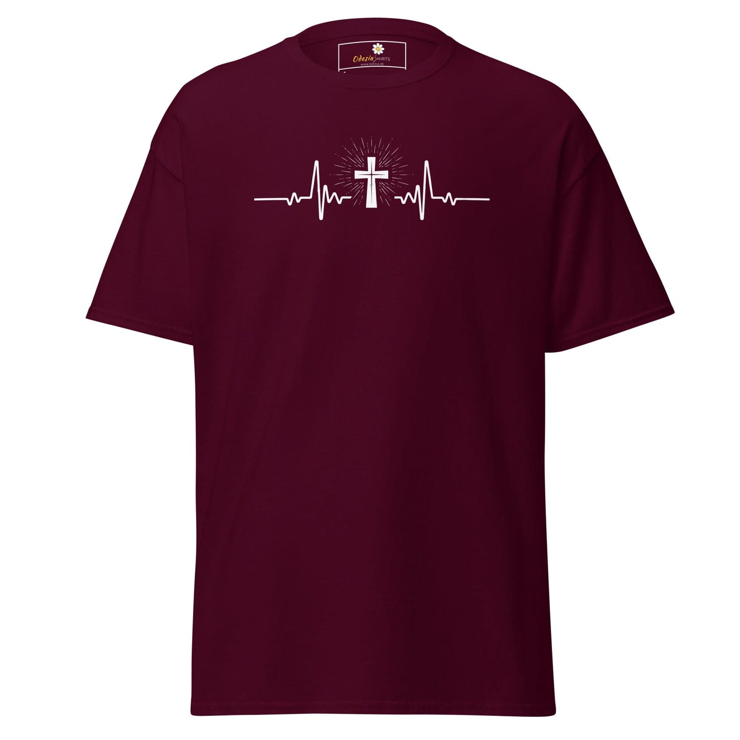 Maroon T-shirt with cross heartbeat graphic for Men and Women in sizes S to XL
