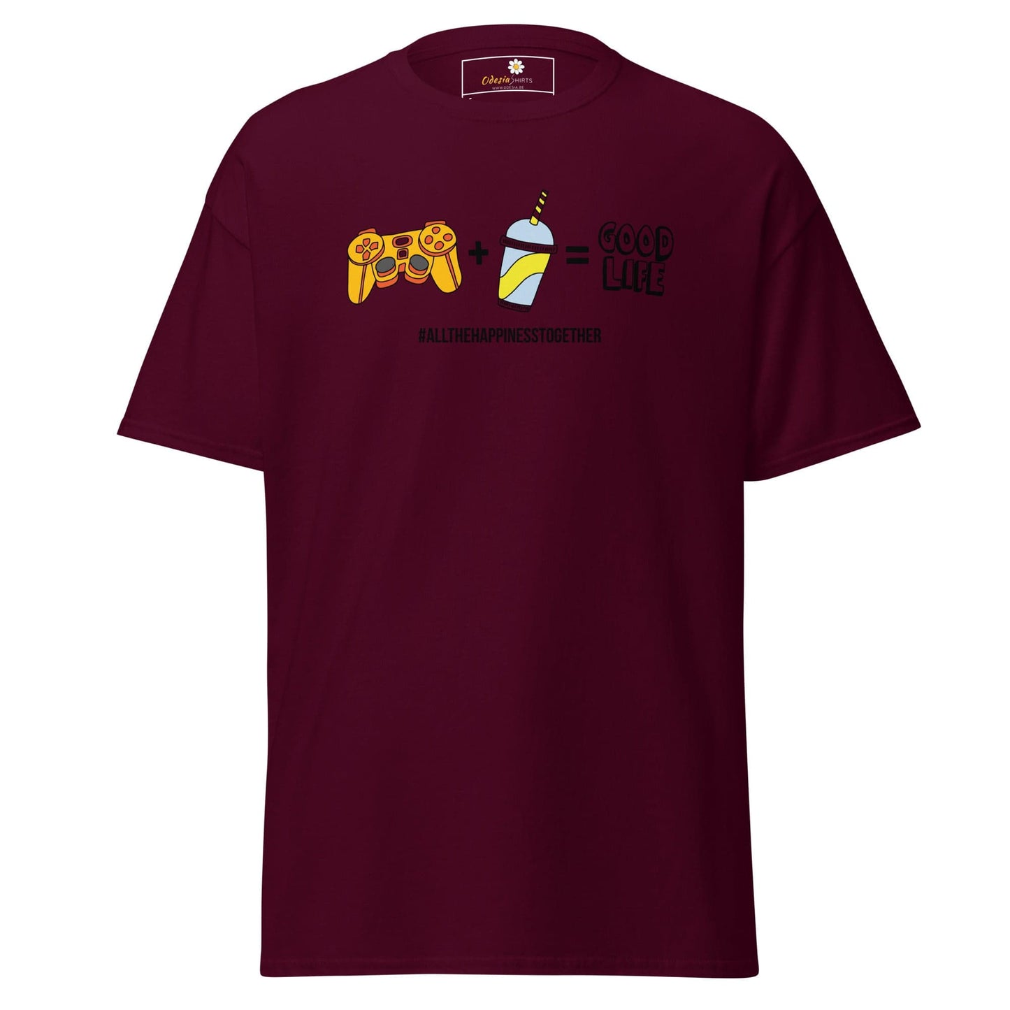 Maroon T-shirt with gaming graphic displayed in T-SHIRT DESIGN TEE for Man and Woman