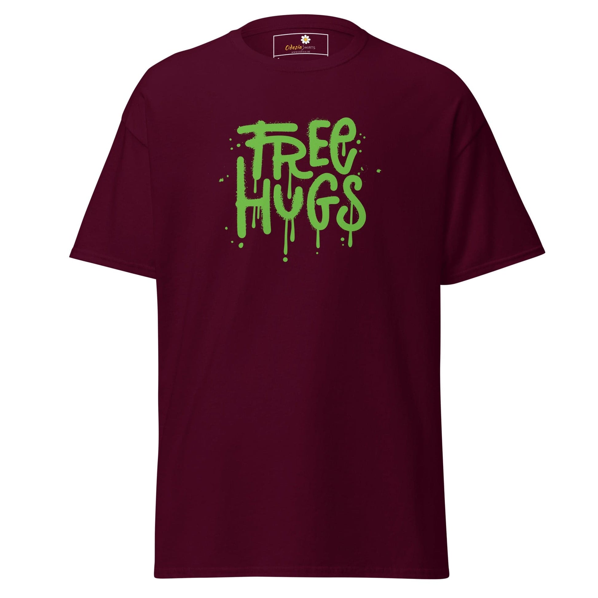Maroon T-Shirt with Green Free Hugs Graphic for Men and Women in Sizes S to XL