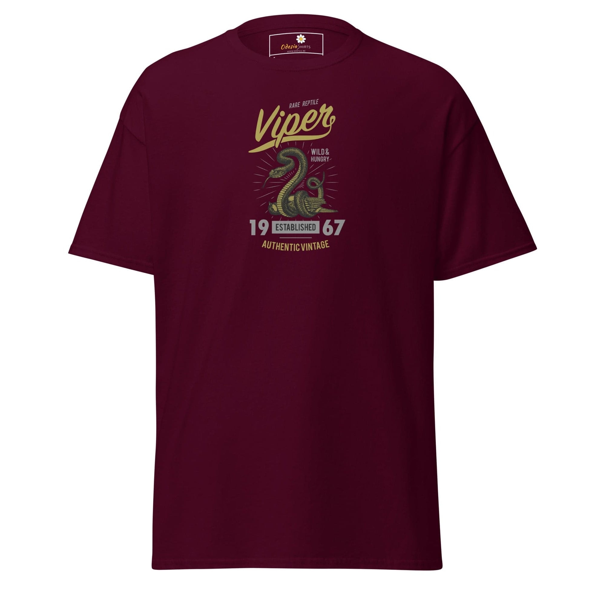 Maroon T-shirt with snake graphic from T-SHIRT DESIGN TEE for men and women, sizes S to XL